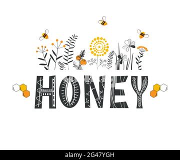 Honey lettering surrounded by bees and doodle flowers. Vector stylized background on a white background, honey logo Stock Vector