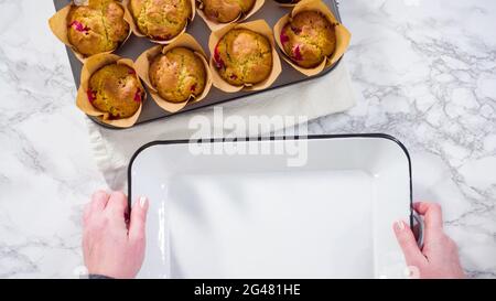Flat lay. Step by step. Cooling freshly baked cranberry muffins. Stock Photo