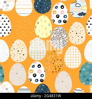 Seamless vector Happy Easter pattern. Easter eggs painted with colored Scandinavian ornaments on a Orange background. Festive spring Polka dot, stripe Stock Vector