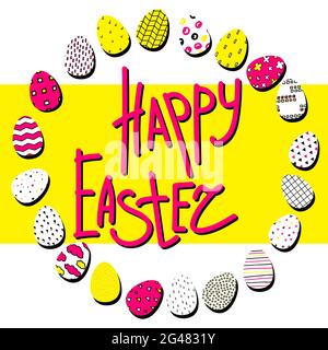 Happy Easter illustration. A wreath of pink, black, white eggs with different Scandinavian ornaments on a yellow background. Happy Easter lettering or Stock Vector