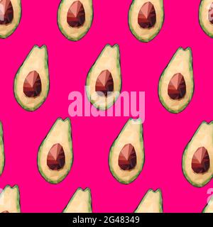 Seamless low poly avocado pattern. Vector polygonal avocado sign on fuchsia pink background. Green healthy fruits, proper nutrition, snacks, vegetable Stock Vector
