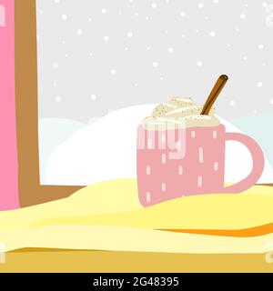 Cozy Scandinavian vector illustration. Cute pink cup with a hot drink on a plaid. Interior with a winter landscape from the window on the snowdrifts a Stock Vector