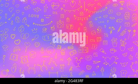 Big Doodle Valentine's Day set. Hand drawn love symbol on blurred light background. Cute greeting cards, gifts, accessories with hearts. Balloons, mes Stock Vector