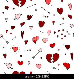 Seamless Doodle Valentine's Day pattern. Hand drawn red love symbols on white background. Cute pink different hearts, arrows. February 14, wedding, ma Stock Vector