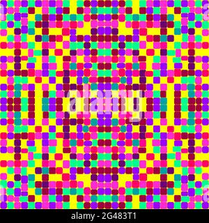 Kawaii Mosaic seamless vector pattern. Background from square colored mosaic segments. Illustration color of pink, yellow, mint, burgundy, lilac, purp Stock Vector