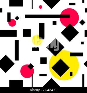Seamless vector memphis pattern. Geometric black and color shapes Squares, lines, dots isolated on white background. Ornamental illustration for print Stock Vector