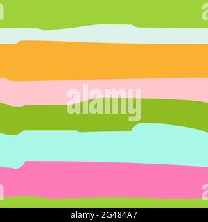 Seamless abstract spring pattern. Colorful hand-drawn stripes. Uneven light blue, green, pink, orange lines. Neutral illustration for spring and summe Stock Vector