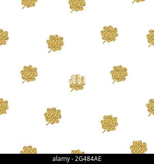 Glitter seamless plants pattern. Golden clover with 4 leaves isolated on white background. Symbol of good luck, success, money, St. Patrick's Day. Vec Stock Vector