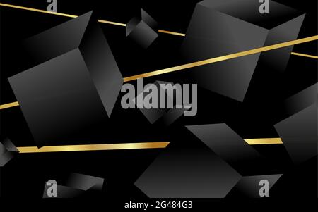 Black abstract banner with a luxurious gold metallic gradient of geometric elements. Neutral rich background with cubes and golden stripes for premium Stock Vector