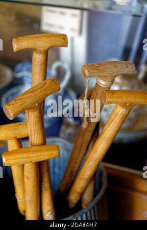 Close up of wooden Walking sticks on display in shop in Beamish Village, Durham County, England, United Kingdom, 12th of June 2021 Stock Photo