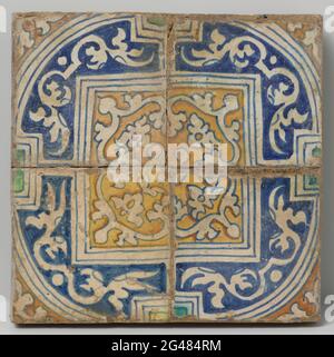 Field of four floor tiles. Four floor tiles field (2 x 2) with multicolored (blue, yellow, green and orange-brown) leaf patterns in filling technology. The tiles together form a square within a circle. Stock Photo