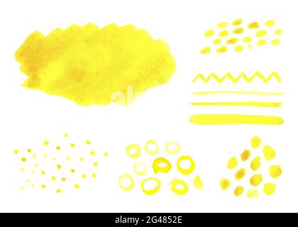 Set of yellow Watercolor stains isolated on a white background. Different brush, Stripes, lines, circles, dots, wave, prints, backgrounds, ring. Vecto Stock Vector