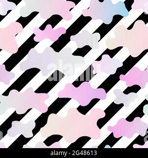 Seamless clouds pattern. Gradient Clouds on white, black stripes background. Pastel colorful hand drawn cumulus clouds. Diagonal Monochrome striped ve Stock Vector