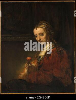 Rembrandt Harmenszoon Van Rijn -  Woman with a Pink Stock Photo