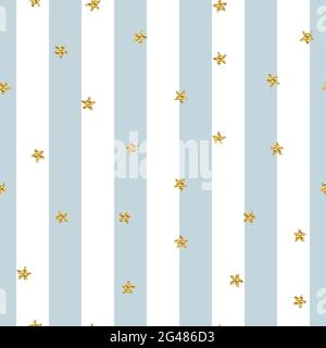 Star seamless glitter striped pattern. Shiny stars on light white blue lines background. Sparkles for holidays, Christmas, Birthdays. Trendy Vector ill Stock Vector