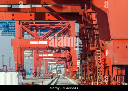 Closeup shot of gantry cranes at a container terminal in the harbour in Hamburg, Germany Stock Photo