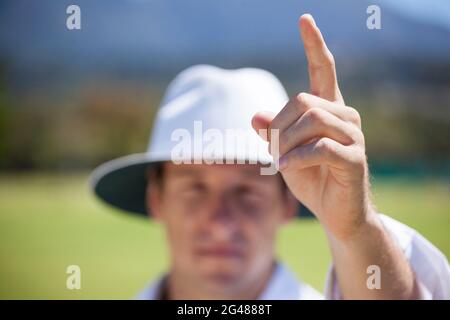 Cricket umpire signaling out sign during match Stock Photo