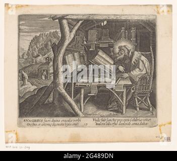 Evagrius Ponticus as a hermit; Male hermits; Solitudo Sive Vitae Patrum Eremicolarum. The H. Evagrius Ponticus as a hermit in a cabin. He is in front of his writing desk and reads a book. In the background other hermits. Numbered in the middle: 19; Numbered at the bottom right: 3. Stock Photo