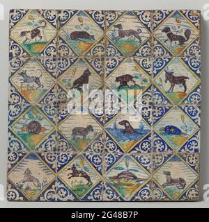 Field of sixteen tiles with animals. Field of sixteen tiles (4 x 4) each with a multi-colored (blue, orange, yellow, green and purple) painted animal in a square. In the corners, filling technology ornament. Stock Photo