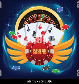 Playing cards, roulette wheel and poker chips fly casino. Concept on blue background. Poker casino vector illustration. Realistic chip in the air. Onl Stock Vector