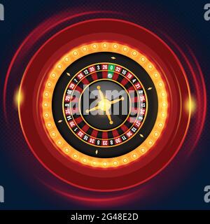 Single roulette wheel with casino lamp frame on dark background. Casino concept, gambling, vector illustration Stock Vector