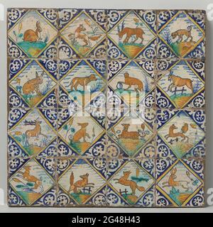 Field of sixteen tiles with animals. Field of sixteen tiles (4 x 4) each with a multi-colored (blue, orange, yellow, green and purple) painted animal in a square. In the corners, filling technology ornament. Stock Photo