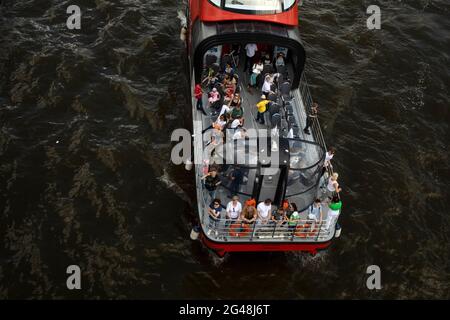 Moscow, Russia. 14th of June, 2021 People travel on the Moscow River tram in the center of Moscow, Russia Stock Photo