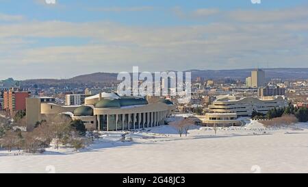 National history museum and surroundings along frozen Ottwa river in Hull district, Gatineau Stock Photo