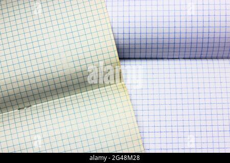 Blank notebook pages background flatly. Opened notepad notebook with a checkered sheets. Vintage looking blank sheet in a cage from the school noteboo Stock Photo