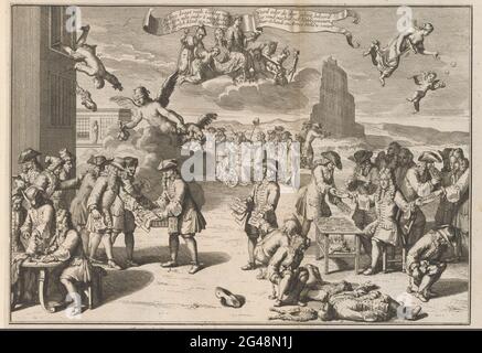 Confused promoters and the tower of Babel, 1720; The confused promoters tower building to Babel; The great scene of foolishness. Cartoon on the promotionists and the tower of Babel. John Law has left stocks from writing while wind dealers are doing well by the English baked jaws. The traders get through these cakes to diarrhea, the worthless shares use them to wipe their backs. In the show many other details with Fortuna, the Dutch virgin, hope etc. in the caption a verse in 4 columns in which the figures from the show are explained. Print in the bound first edition (304 B 10) of the great sce Stock Photo