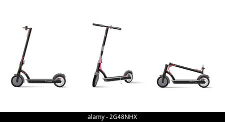 Black electric kick scooter on white background realistic vector illustration. Stock Vector