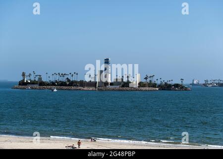 Long Beach, CA USA - July 8 2020: Island White, one of the manmade oil drilling islands off the coast of Long Beach Stock Photo