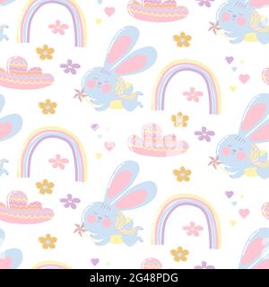 Seamless bright pattern with cute cartoon rabbit, rainbow, flowers and clouds on a white background. Vector template for printing on fabric, wrapping Stock Vector