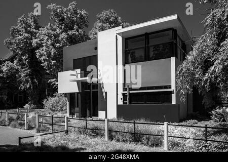 UTRECHT, NETHERLANDS - Jun 14, 2021: Black and white contrast render of historic and iconic home architecture designed by Gerrit Rietveld part of the Stock Photo