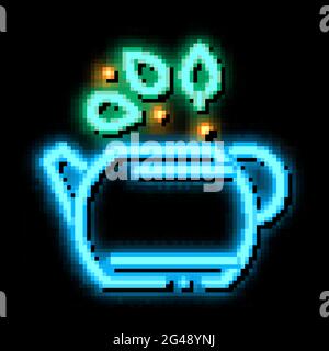 teapot with tea leaves neon glow icon illustration Stock Vector