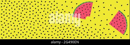 Pieces of watermelon with a scattering of seeds on a bright yellow background - Vector illustration Stock Vector