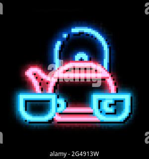 kettle and two cups neon glow icon illustration Stock Vector