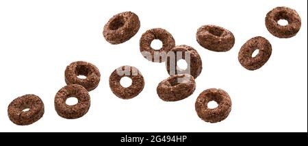 Falling chocolate corn rings isolated on white background Stock Photo