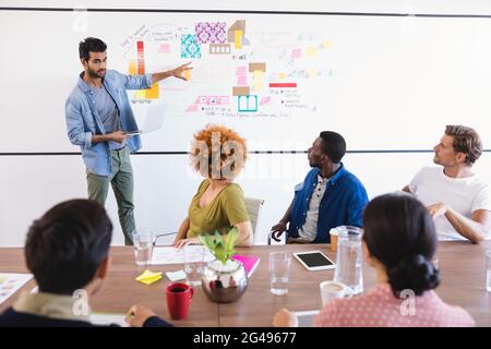 Colleagues looking at businessman during meeting in office Stock Photo