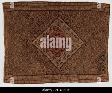 Medallel cover covered with floral motifs, a herati pattern, on blue ground. Concentric red diamond with floral pattern and birdy ornaments. Triple edge .. Oriental carpet, medallology felt in Kelim technology. The blue field is covered with floral motifs, a herati pattern. The same herati pattern comes back into the white medallion; The concentric red diamond shape has a floral pattern with bird-like ornaments. Triple edge. Stock Photo