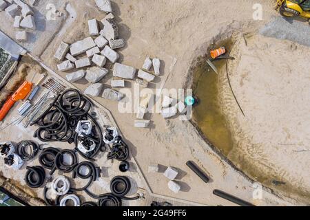 The drainage pipes system of laying underground utilities from black pipes of supply sewage Stock Photo