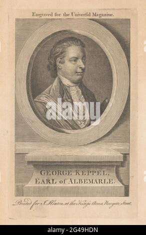 Portrait of George Keppel, Count of Albemarle. Portrait of George Keppel in an oval picture frame. His name and title in a framework. Stock Photo