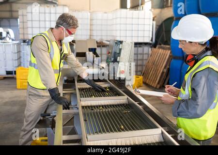 Technicians examining olives on conveyor belt Stock Photo