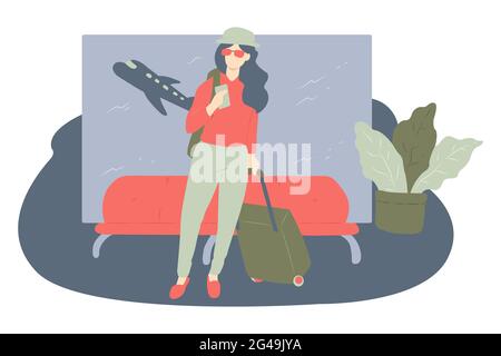 a woman traveller holding suitcase Stock Vector