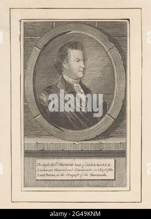 Portrait of George Keppel, Count of Albemarle. Portrait of George Keppel in an oval picture frame. His name and titles in a framework. Stock Photo