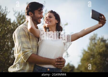 Low angle view of loving couple taking selfie at farm Stock Photo