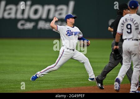 June 19th, 2021: Texas Rangers second baseman Nick Solak (15) throws to first for an out .In a game between the Minnesota Twins and the Texas Rangers at Globe Life Field in Arlington, Texas.Manny Flores/Cal Sport Media Stock Photo