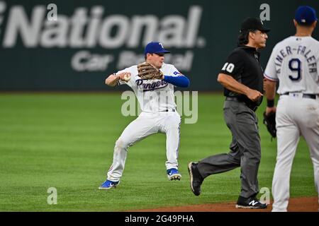 June 19th, 2021: Texas Rangers second baseman Nick Solak (15) throws to first for an out .In a game between the Minnesota Twins and the Texas Rangers at Globe Life Field in Arlington, Texas.Manny Flores/Cal Sport Media Stock Photo