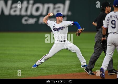 June 19th, 2021: Texas Rangers second baseman Nick Solak (15) throws to first for an out .In a game between the Minnesota Twins and the Texas Rangers at Globe Life Field in Arlington, Texas.Manny Flores/Cal Sport Media Stock Photo