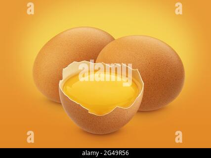 Chicken eggs isolated on brown background Stock Photo